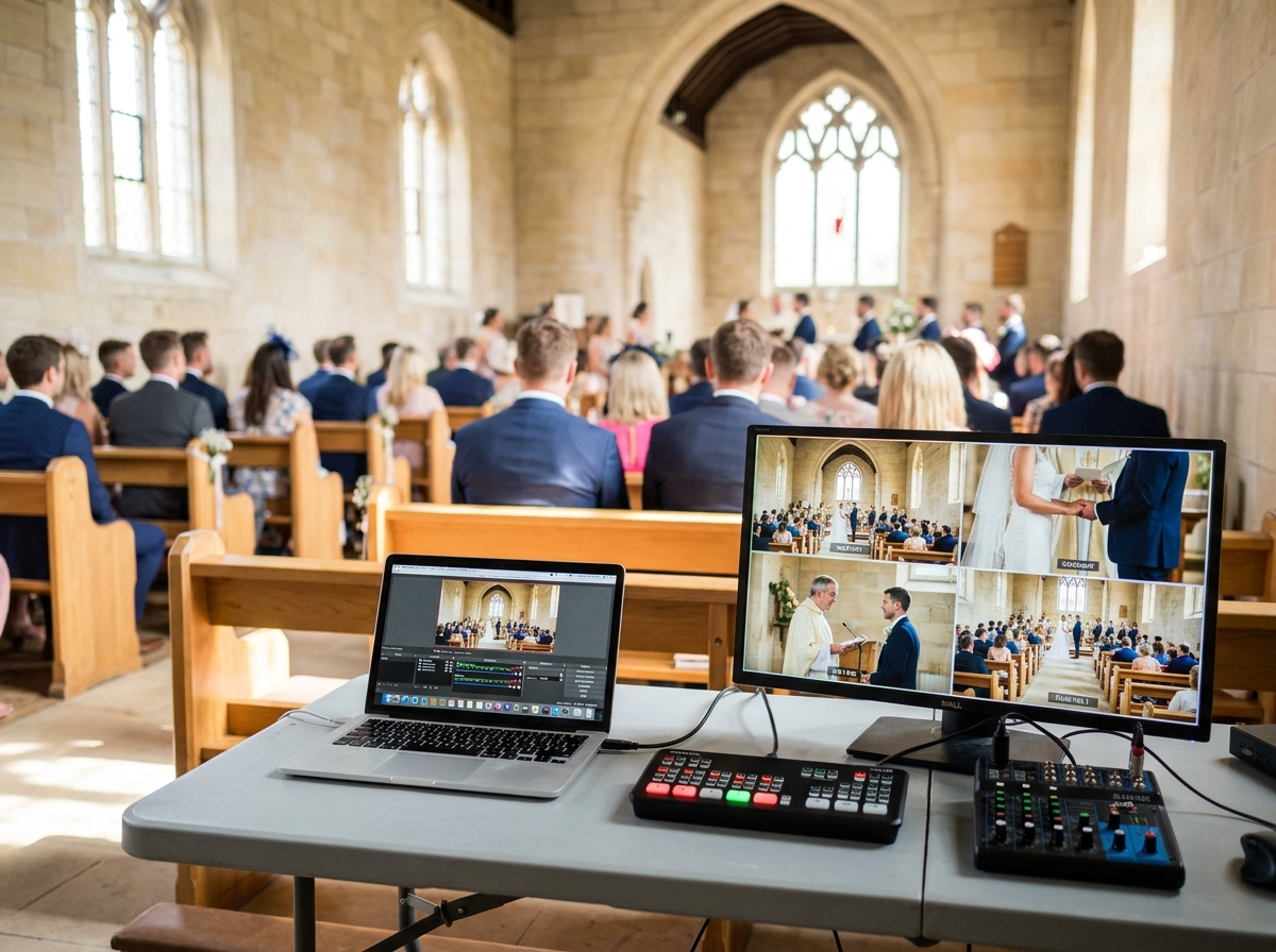 Realizacja transmisji na żywo ze ślubu: mikser, laptop i podgląd czterech kamer z parą młodą